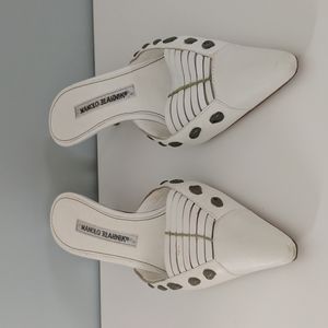 Manolo Blahnik size 36 white and sage mule kitten heels